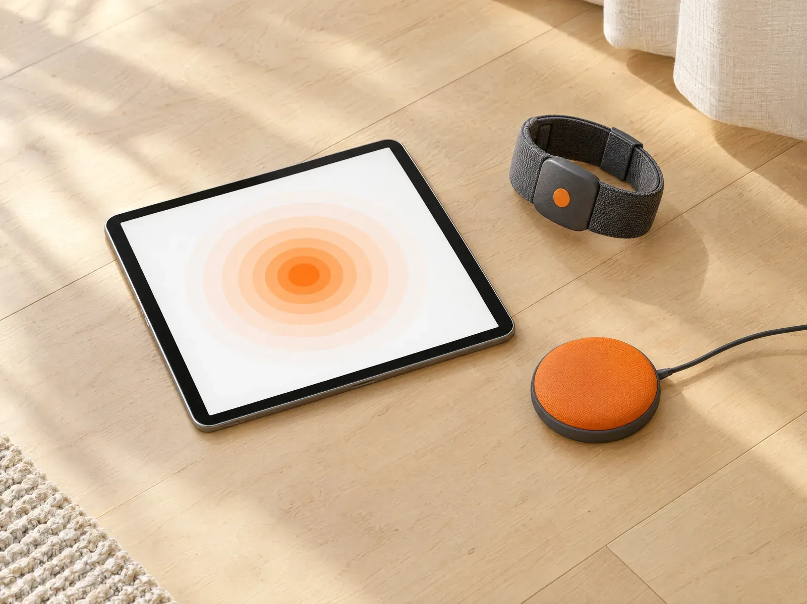 A tablet showing tangerine rings, a haptic wristband and a vibration pad on a maple floor.