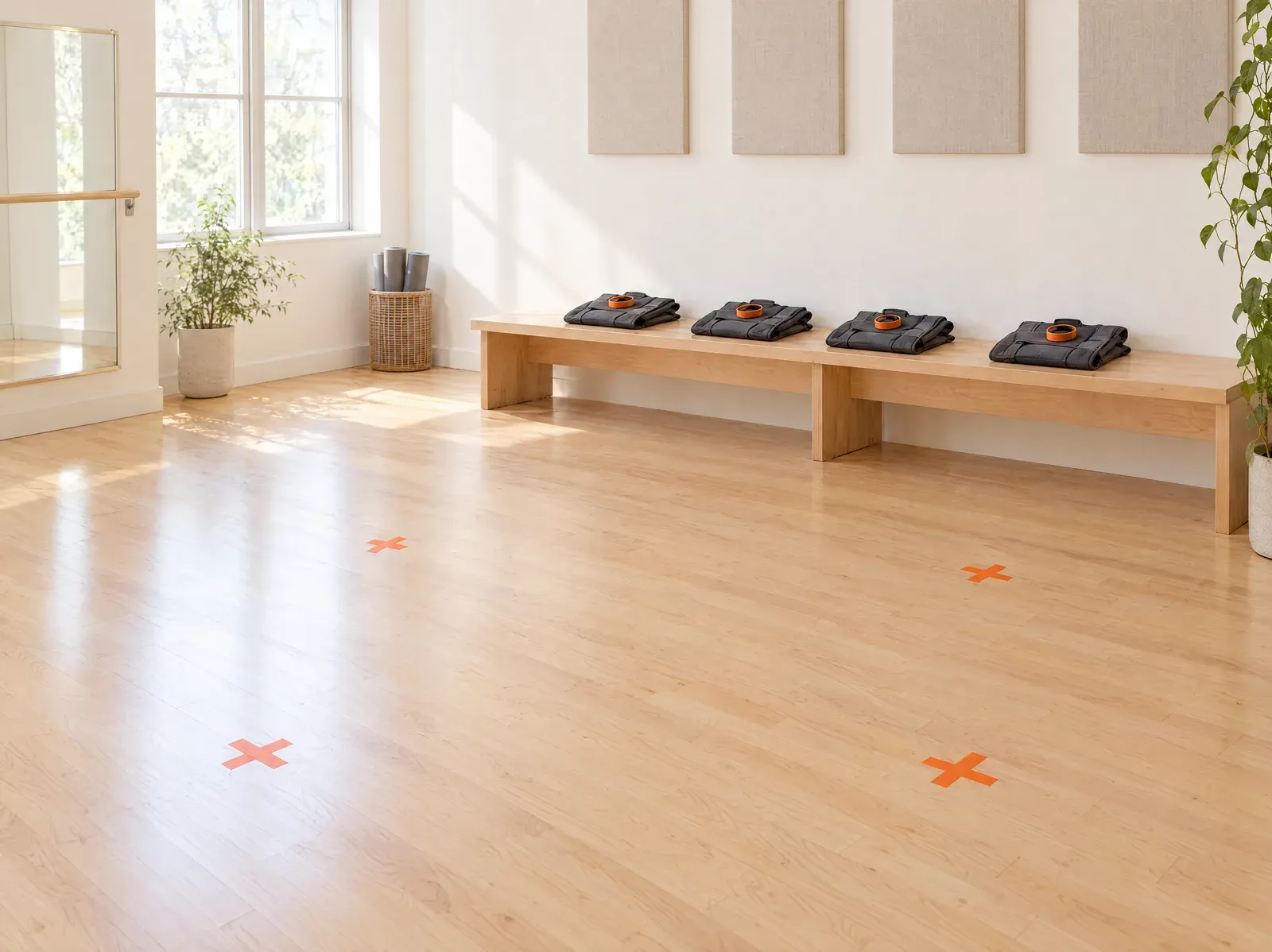 An empty dance studio with four tangerine floor marks and four folded vests on a bench.