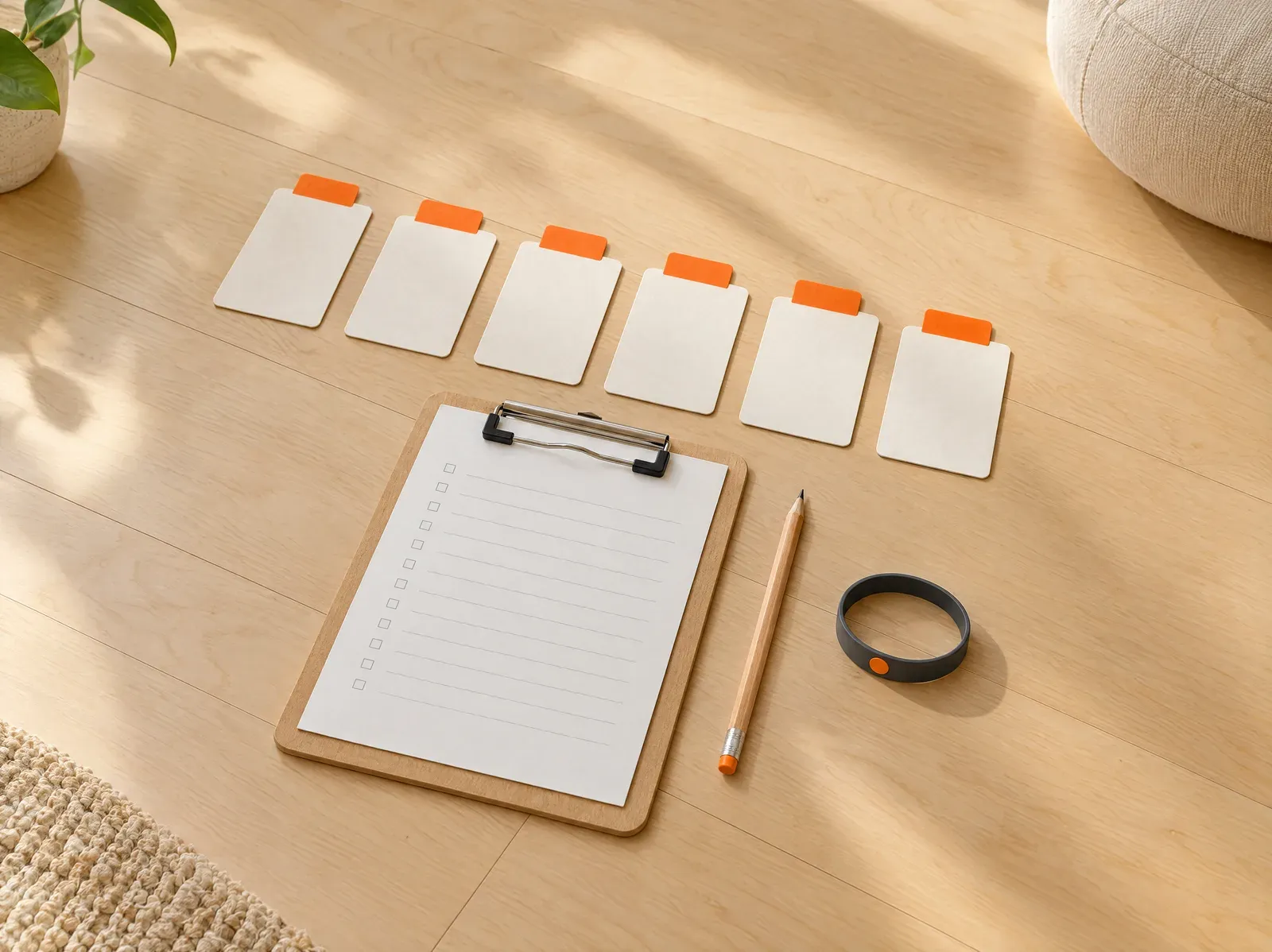 Six cards with tangerine tabs, a clipboard checklist, a pencil and a wristband on a maple floor.